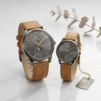 Elegant Grey Dial Couple Watches Premium His & Hers Leather Watch Set